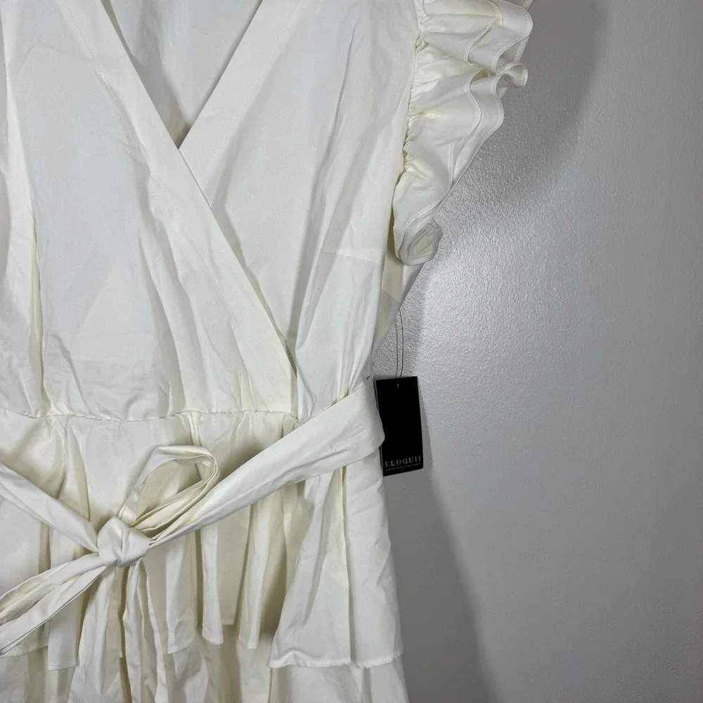 ELOQUII Ivory Tiered Ruffle Mini Wrap Dress‎ Size 20 Bridal Feminine Flattering